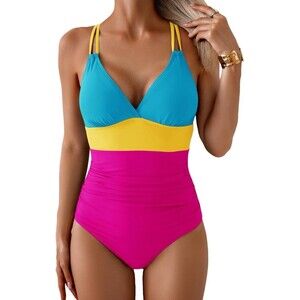 AIDONGER Women's Colorblock One Piece Swimsuit Pink Blue Yellow Padded Straps, M